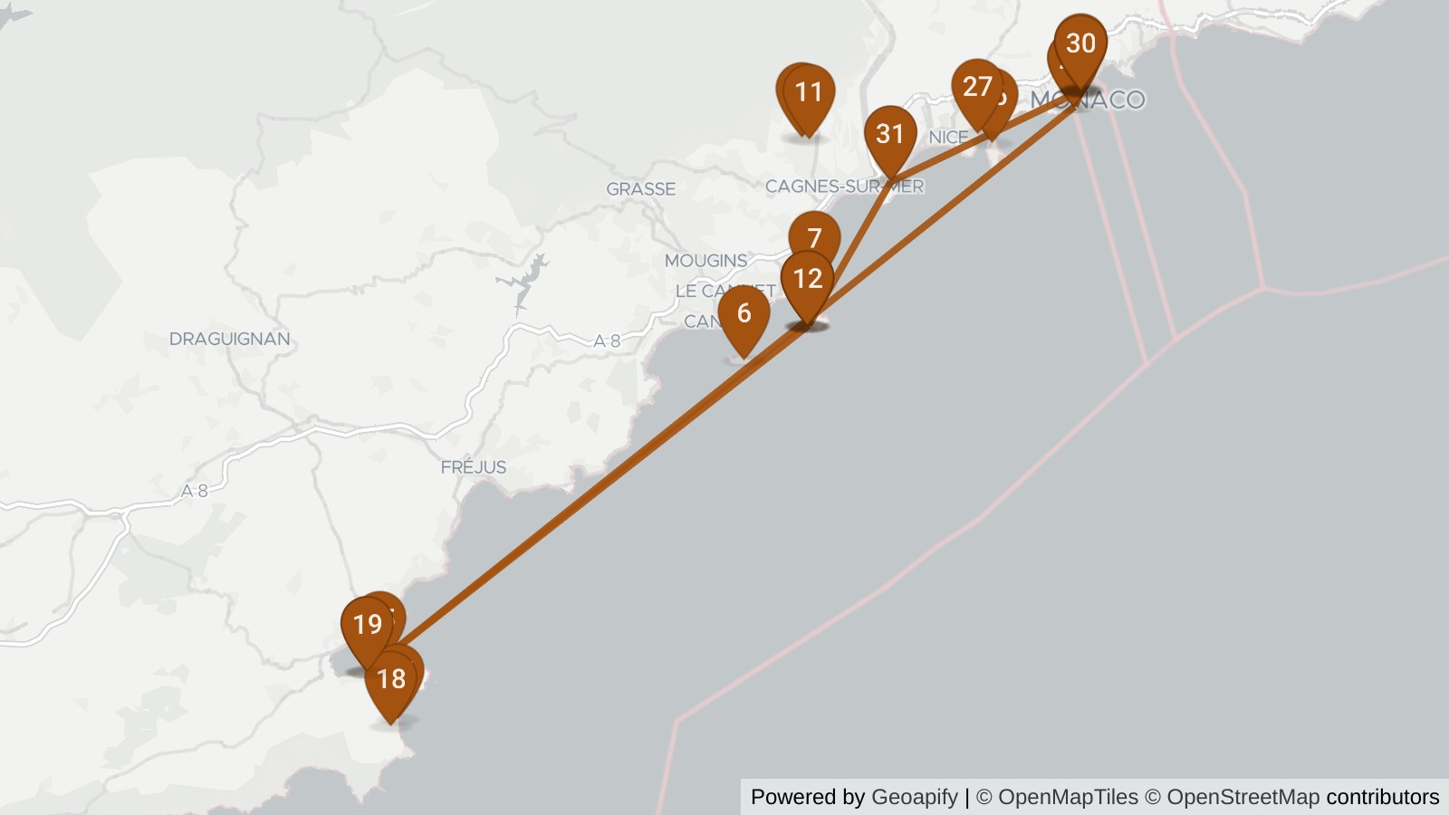 Route map of The Ultimate French Riviera: Cap to Casino
