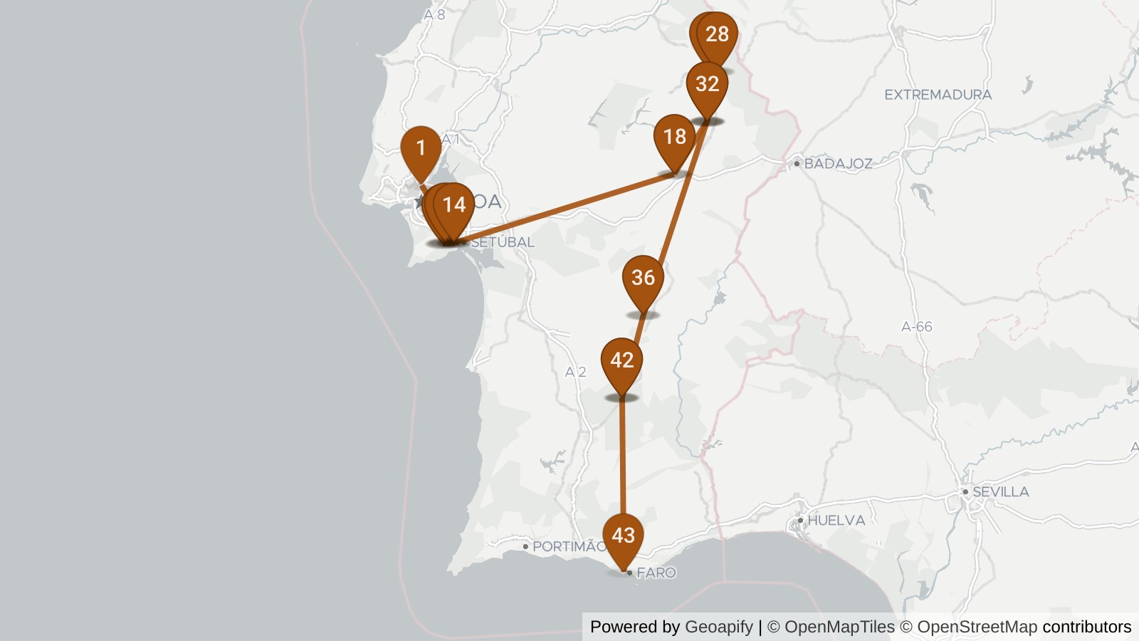 Route map of Portugal Beyond the Classics: An Alentejo Wine Road