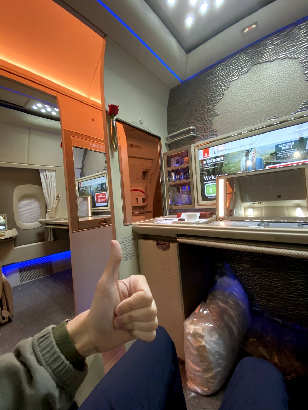 An Emirates First Class private suite on a flight from New York to Dubai