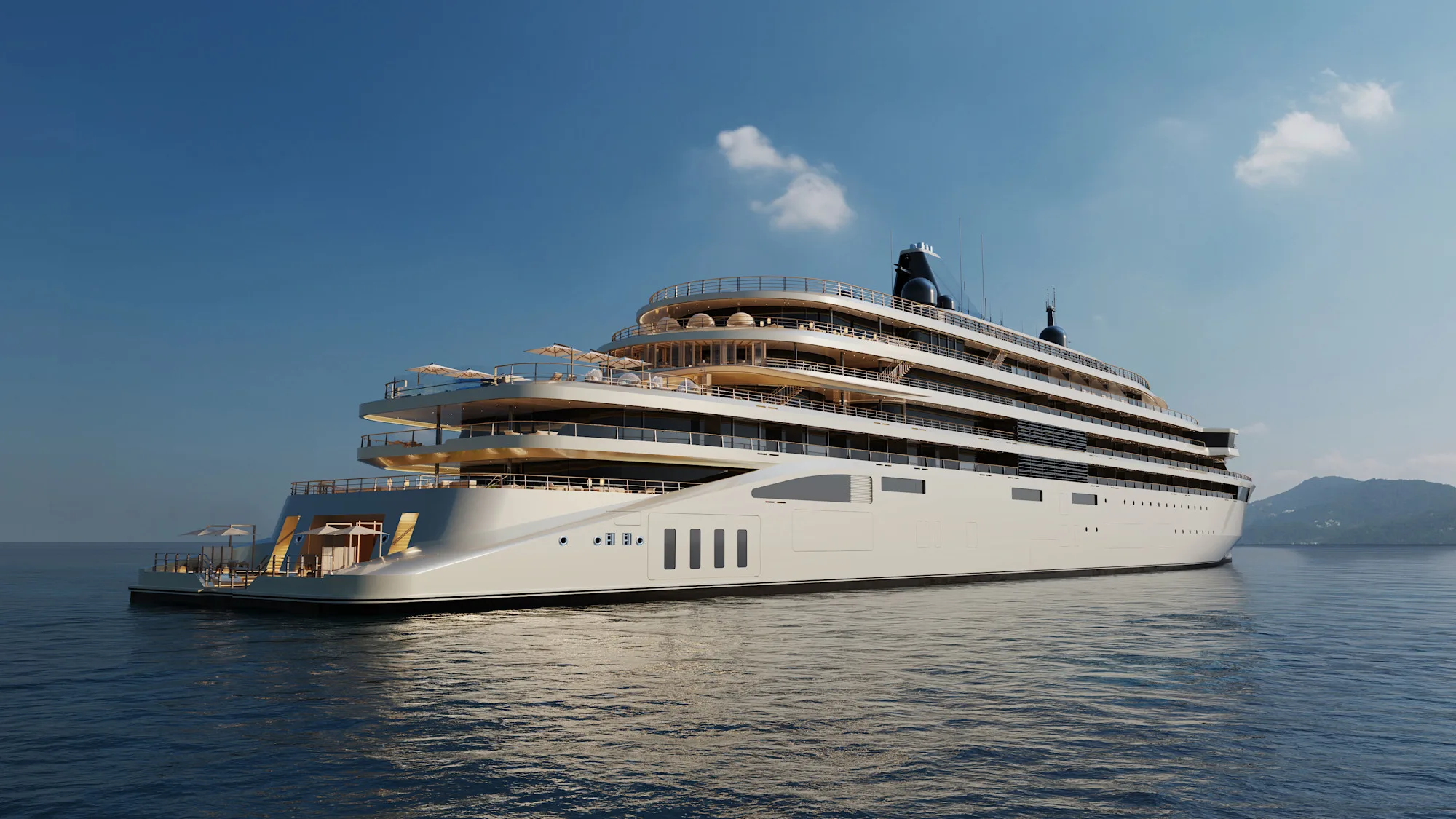 A white luxury yacht-style ship at sea under a blue sky (official rendering)