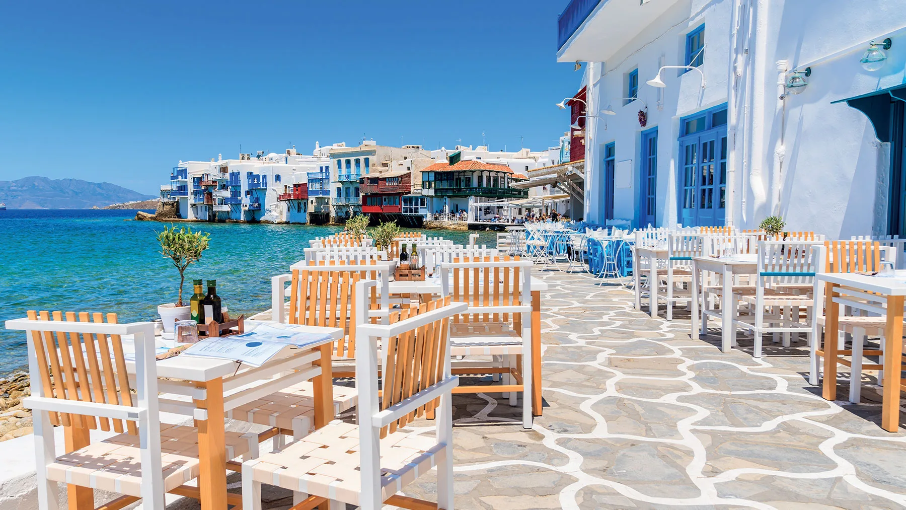 Whitewashed waterfront in the Greek islands