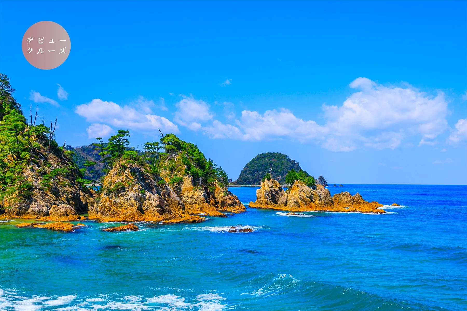 Rocky islets off a wooded coast