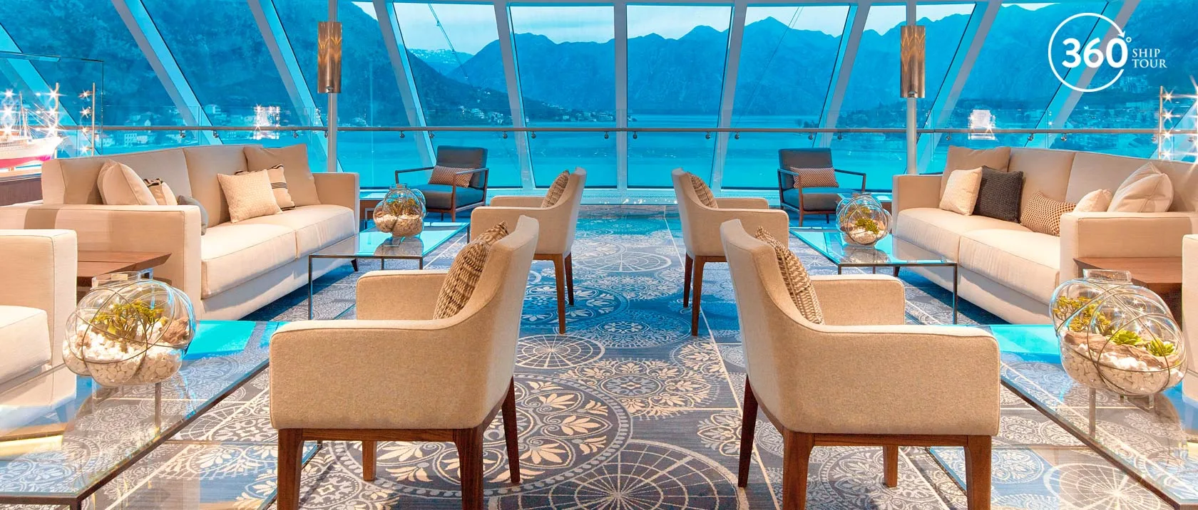 Lounge beneath a glass roof aboard ship
